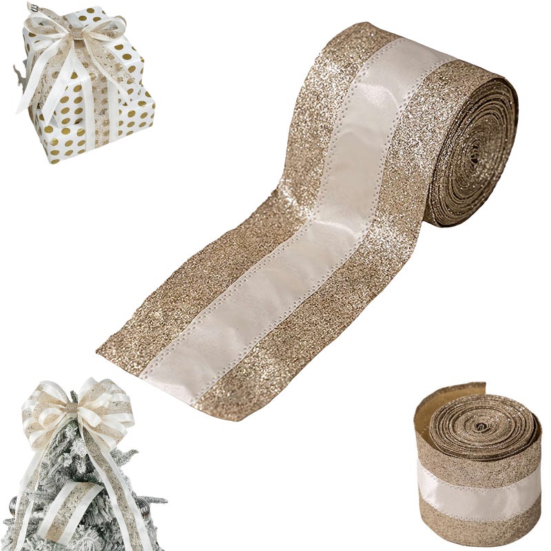 Christmas Ribbons for Gift Wrapping,1 Roll 5.5 Yards Fabric Ribbon Use for Bows Bouquet,2.46 Inch Wide Glitter Wrapping Ribbons Xmas Decorative Ribbon for Wreath Bow Gift Decor (Style A) - Image 1
